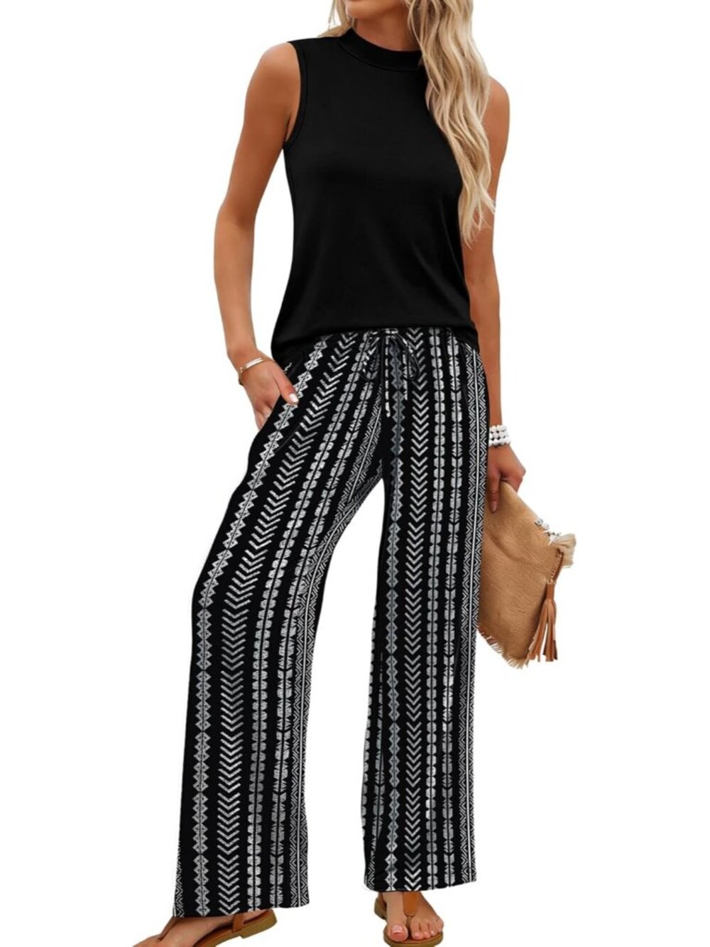 🆕Women Striped Black 2 Piece Set Summer Spring Outfits Mock Neck Wide Leg Pants